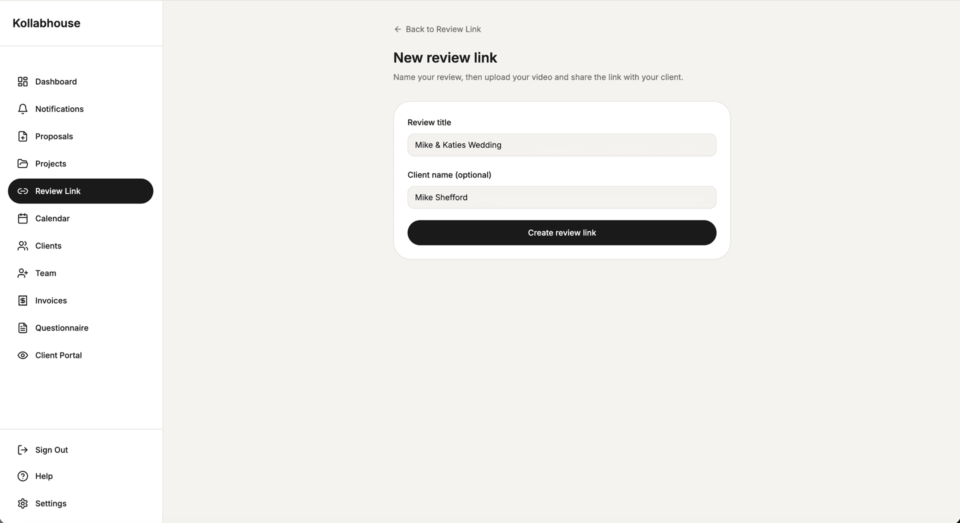 Review Link client page showing draft deliverables and video review